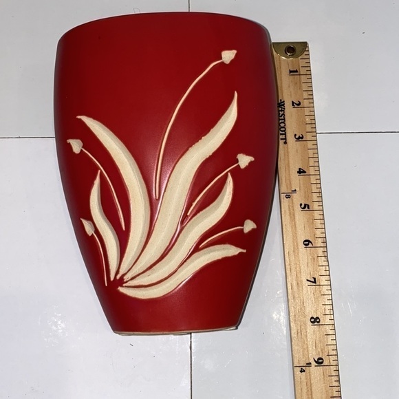 Brick red matte ceramic vase with white carved accents. 2” opening. 8” length. - Picture 3 of 7